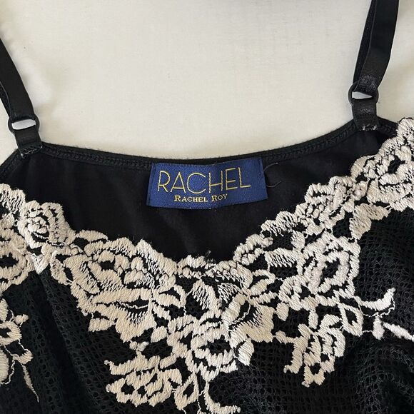 Rachel Roy Black Y2K Slip Dress Size M Coquette Dark Fairy Romantic Dainty Lace - Picture 9 of 11